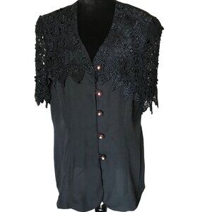 San Julian Tunic Blazer: Vintage Crocheted Lace Collar Crystal Buttons Black M